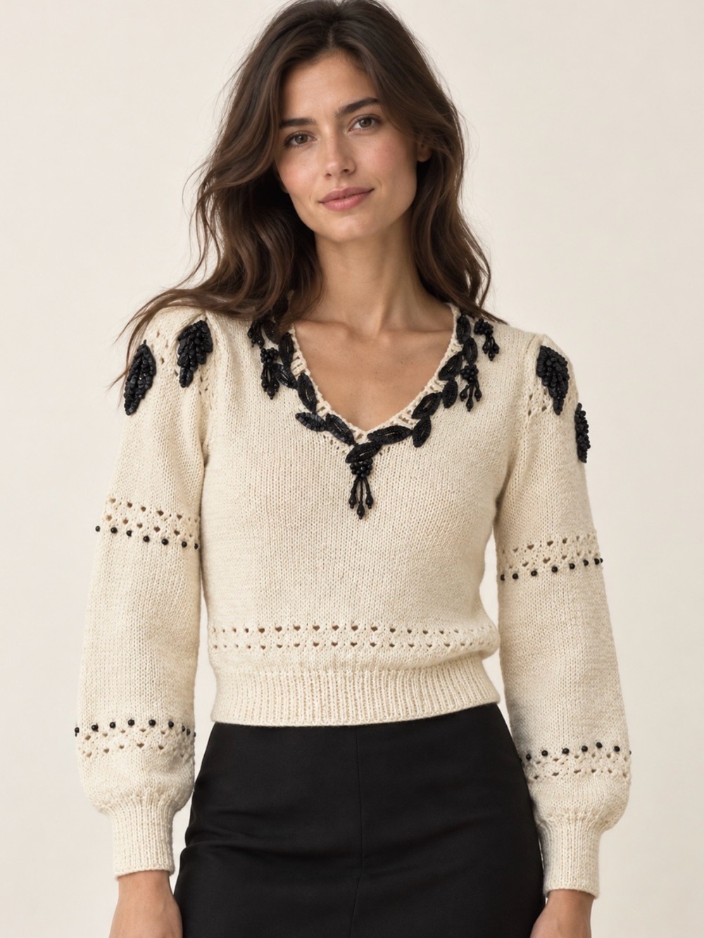 Rare Vintage Hand Knit Cream Sweater Black Beaded Sequin Small